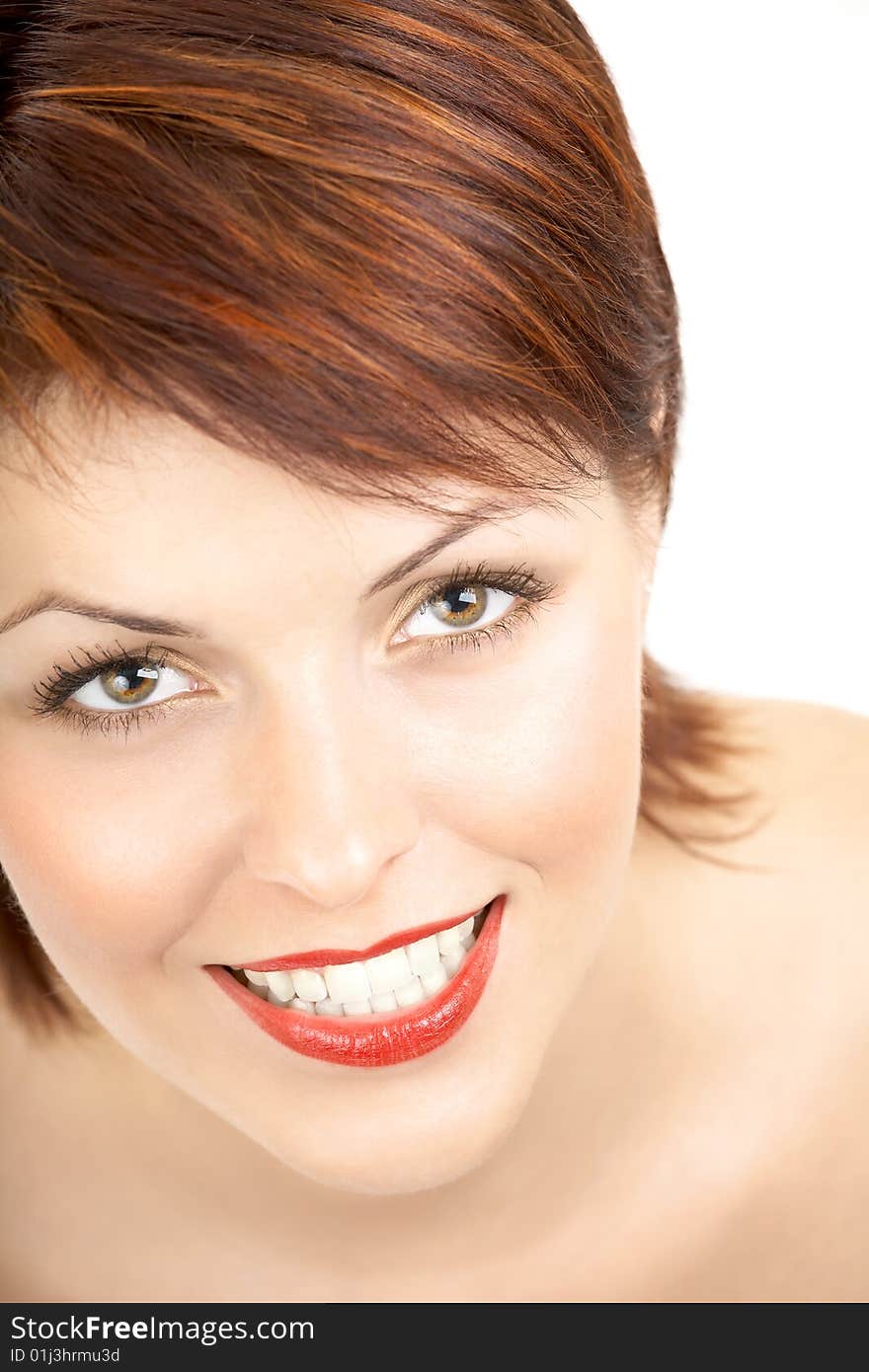 Portrait of the smiling woman on a white background. Portrait of the smiling woman on a white background