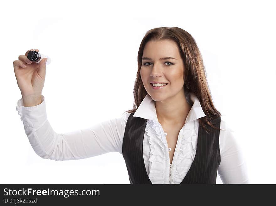 Isolated business woman holding marker over white background. Isolated business woman holding marker over white background