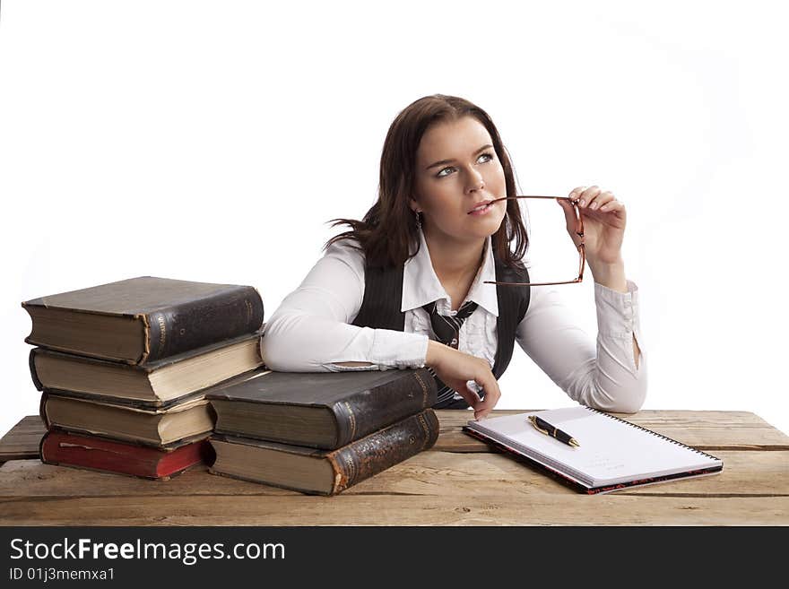 Isolated business woman thinking over white background