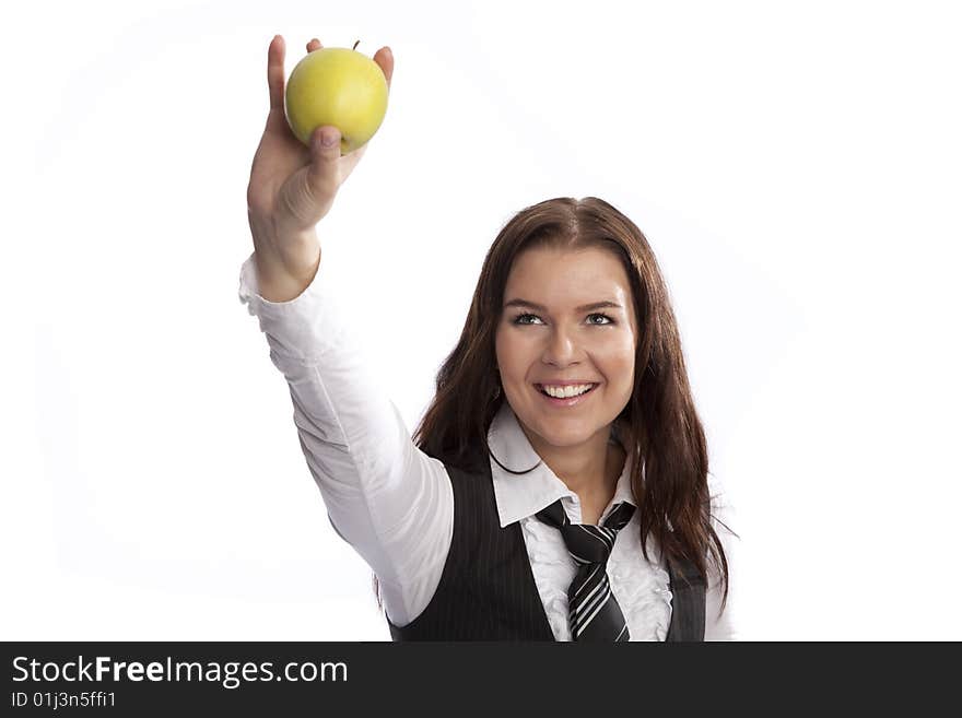 Isolated business woman holding green apple white background. Isolated business woman holding green apple white background