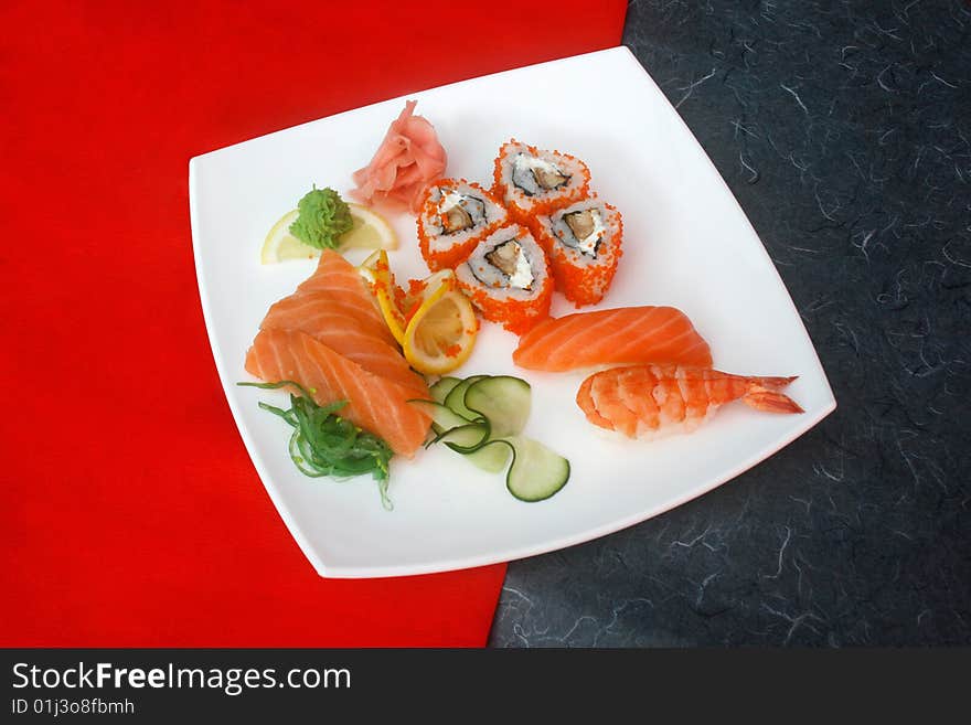 Sushi roll on a bright background