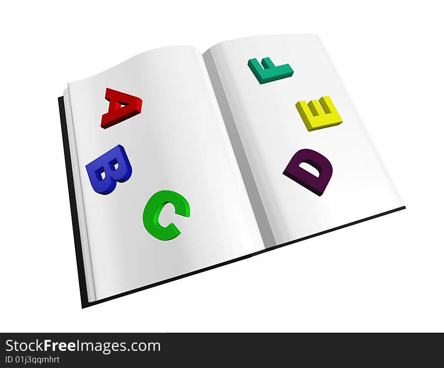 Opened book with colored letters isolated