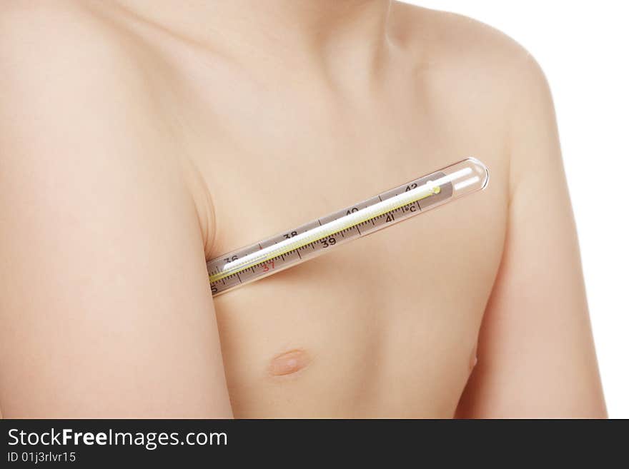 The medical thermometer an armpit at the child on a white background