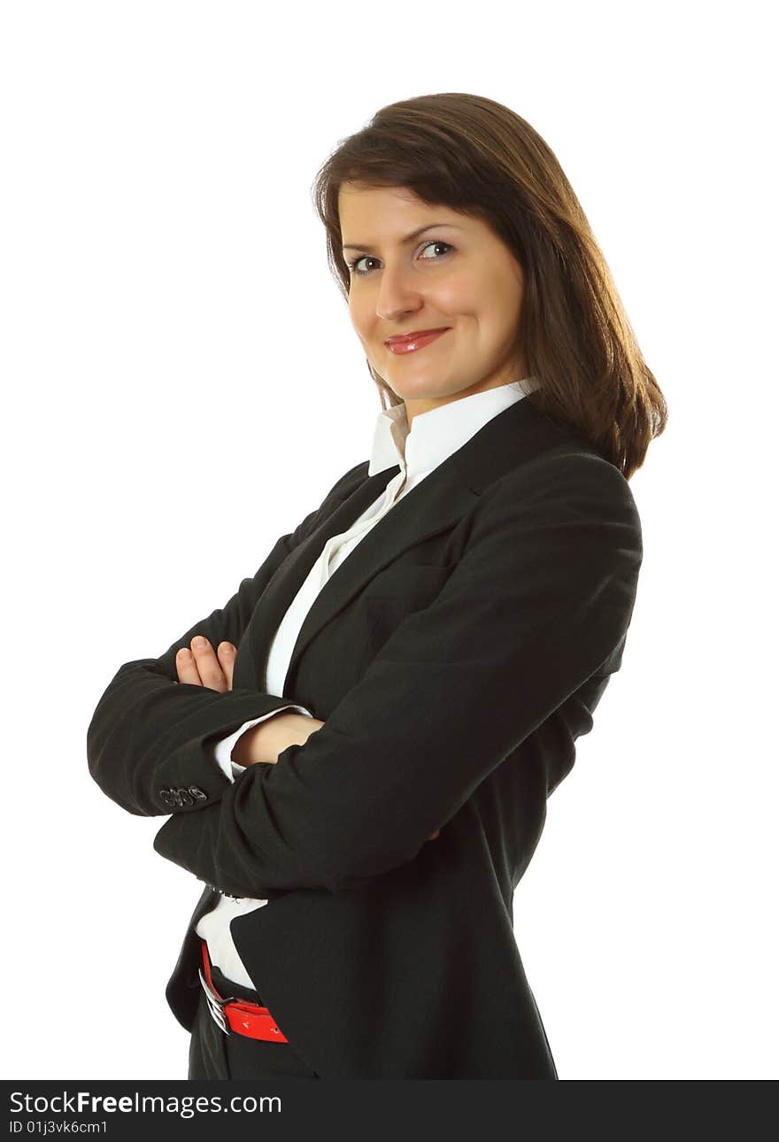 Smiling young business woman isolated on a white background