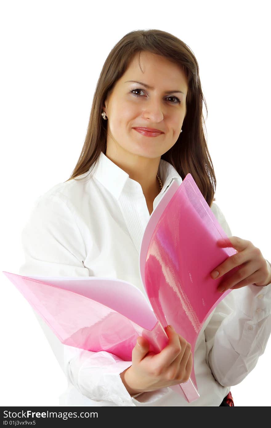 Smiling young business woman isolated on a white background