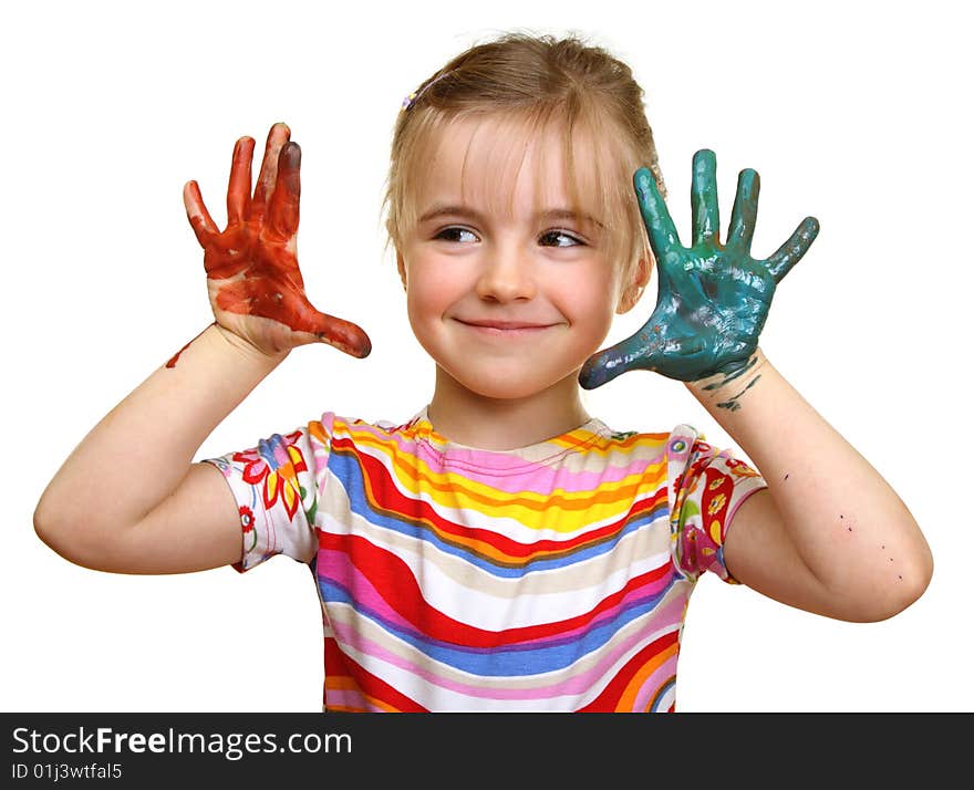 Beautiful girl playing with colors on white background