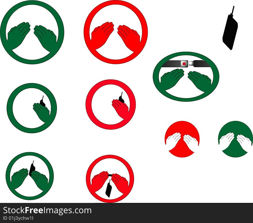 The graphic images, for hands free, and hands allowed, plus the graphical user interface of the seatbelts required. All represent numerous usages of these universal symbols, allowed and not allowed are symbolized in the red and green colors. The graphic images, for hands free, and hands allowed, plus the graphical user interface of the seatbelts required. All represent numerous usages of these universal symbols, allowed and not allowed are symbolized in the red and green colors..