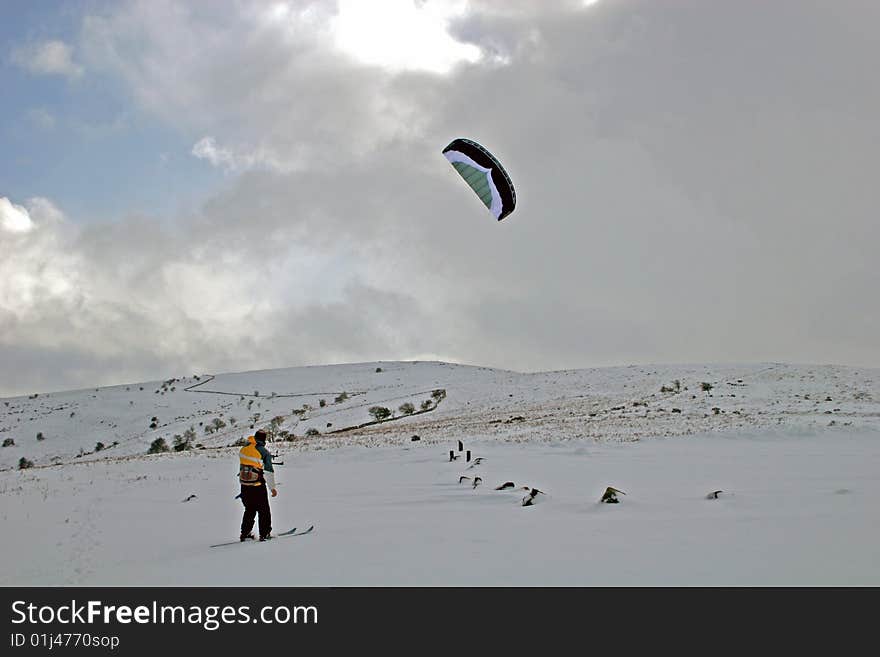 Kite skiing on snow on Dartmoor