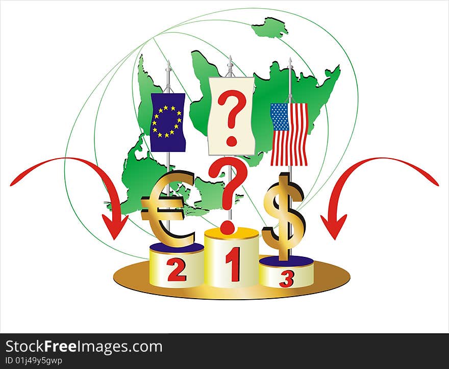 The question is Which currency will be the winner. This vector illustration can be used in economic and financial crisis theme. The question is Which currency will be the winner. This vector illustration can be used in economic and financial crisis theme.