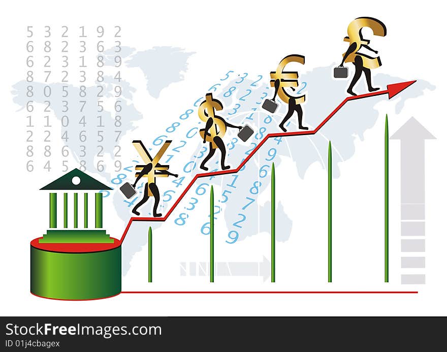 World currencys going up on arrow form stair, from a small bank. World currencys going up on arrow form stair, from a small bank.