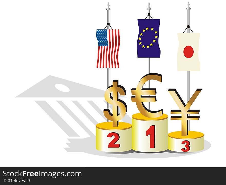 Illustration about the competition between the euro, dollar and yen in economic crisis times. Illustration about the competition between the euro, dollar and yen in economic crisis times.