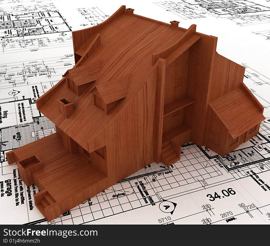 Wooden model house with sketch. Wooden model house with sketch