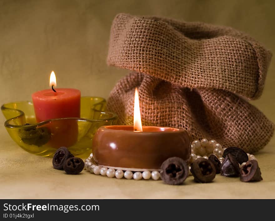 Aromatic candles composotion. Spa still life. Aromatic candles composotion. Spa still life