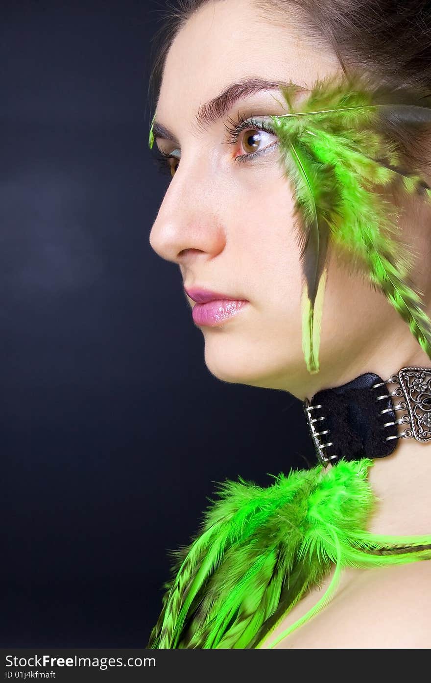 Portrait beautiful woman with long hair and feathers, vertical. Portrait beautiful woman with long hair and feathers, vertical