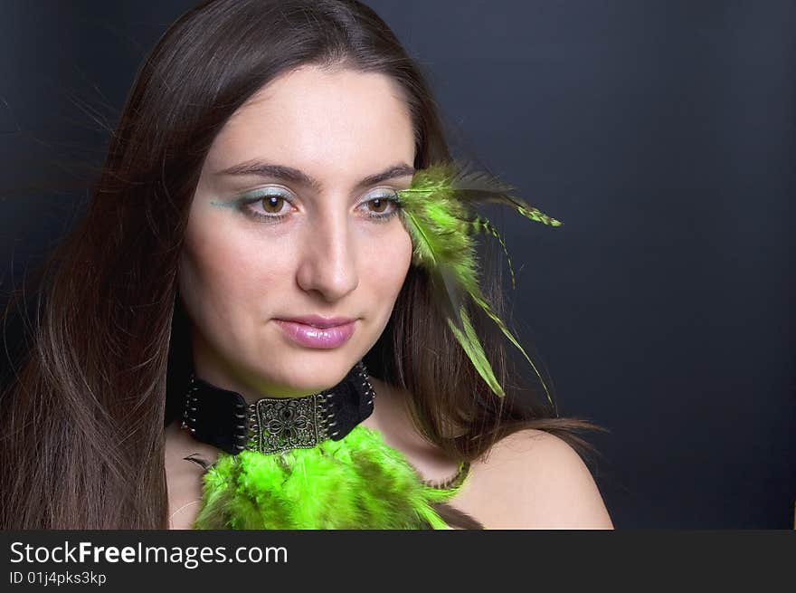 Portrait beautiful woman with blowing hair and feathers. Portrait beautiful woman with blowing hair and feathers