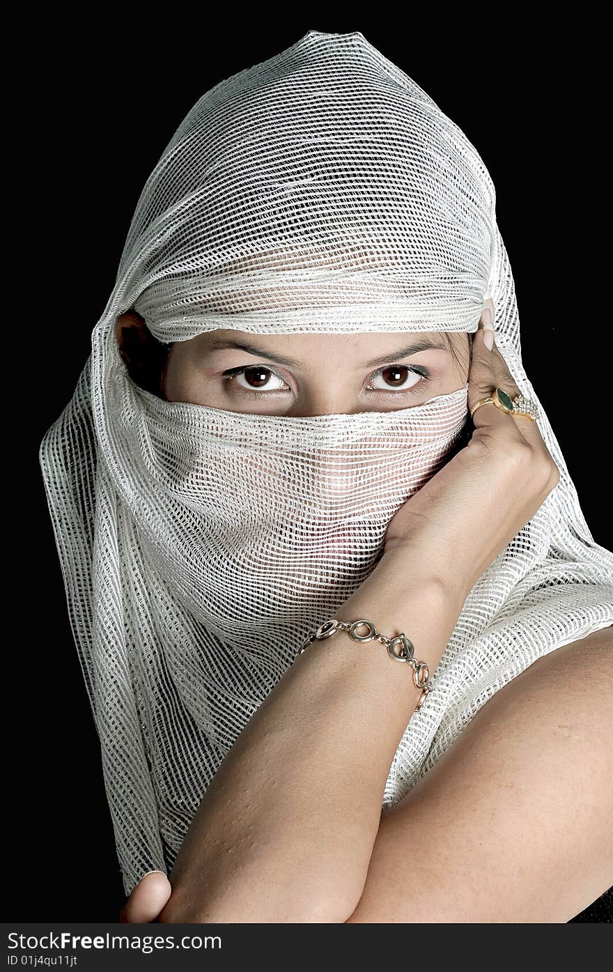 Arabian girl covering her face with white stole