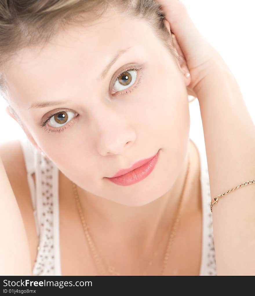 Portrait Of Attractive Blond Girl Over White