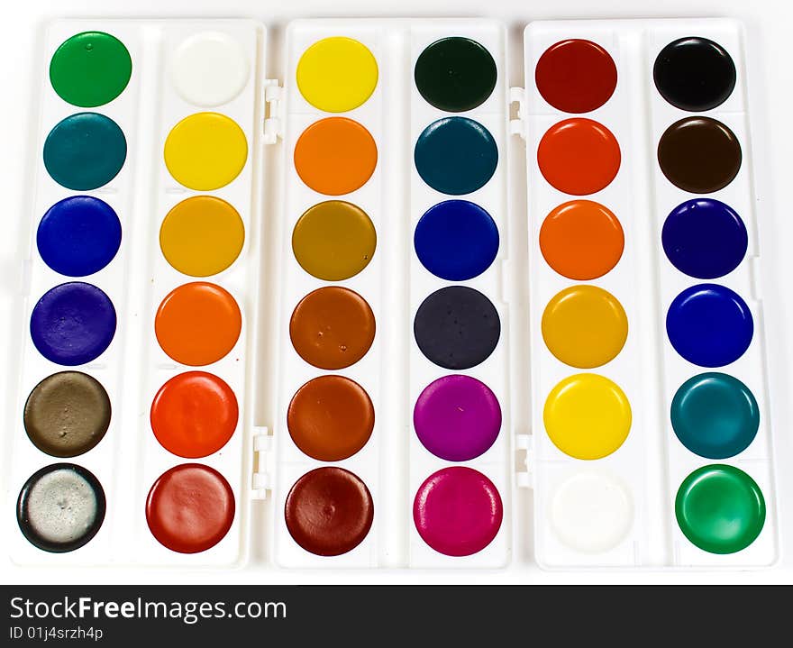 The big set of water colour paints in white plastic