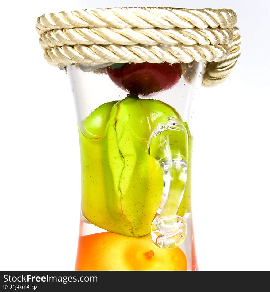 Glass bottle with handles both the gilt cover and the tinned fruit