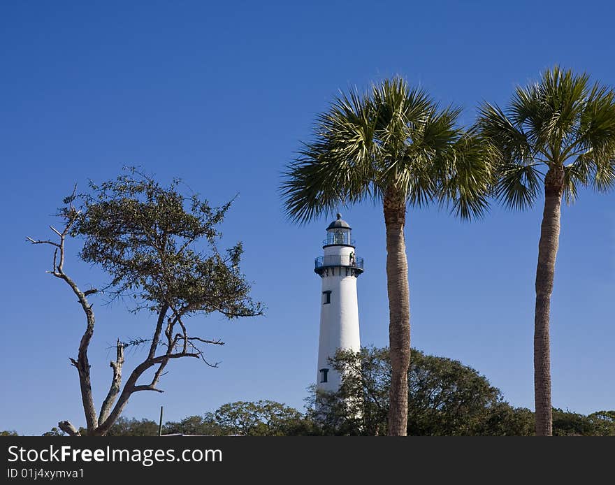 Palm trees against a blue sky in front of a white lighthouse. Palm trees against a blue sky in front of a white lighthouse