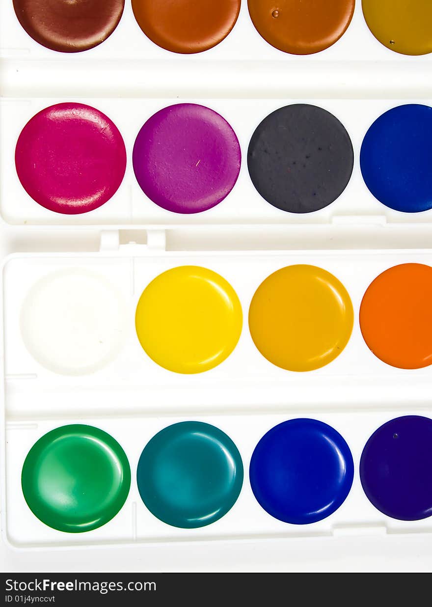 Sixteen different shades of water colour paints