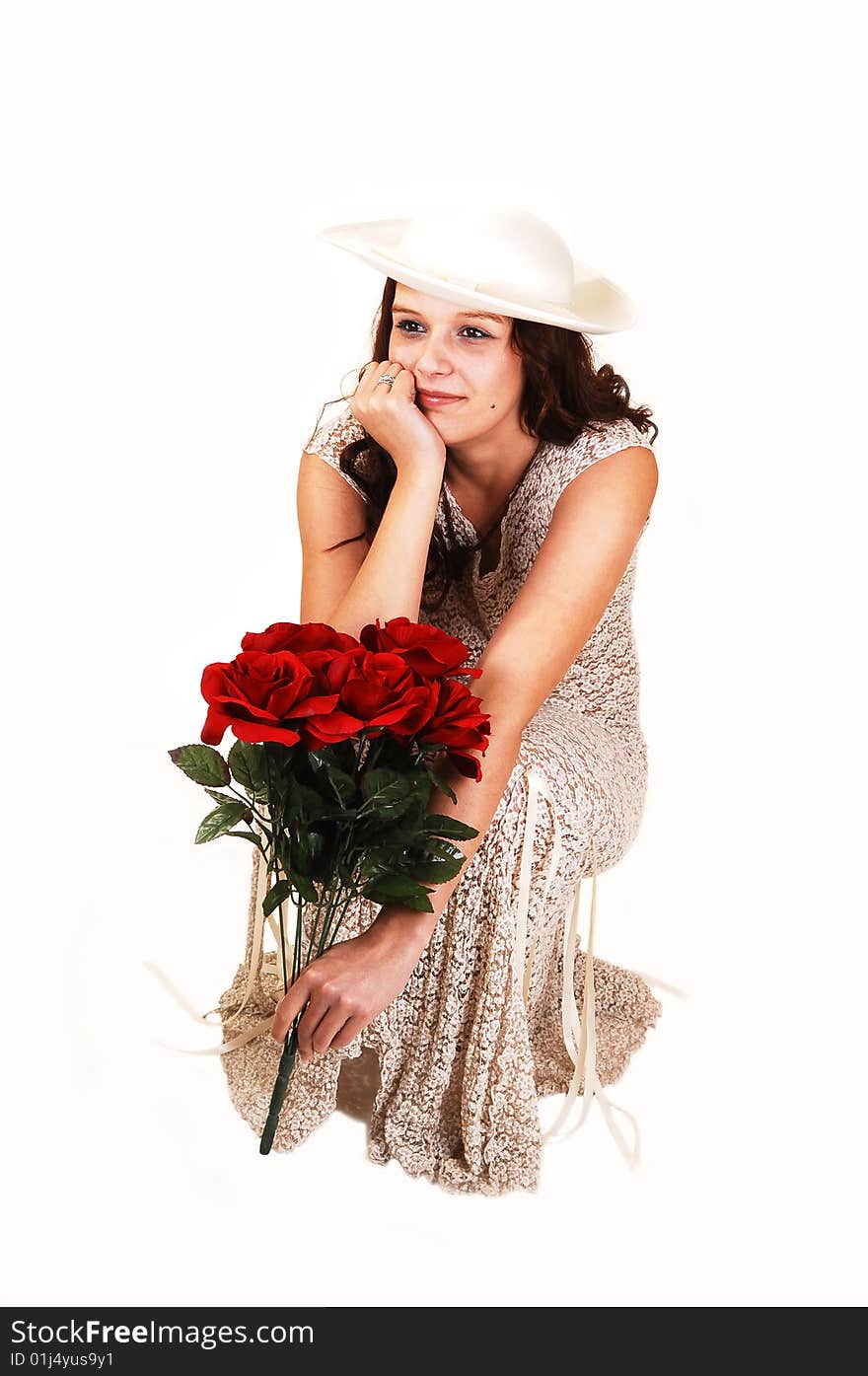 Woman with hat and roses.