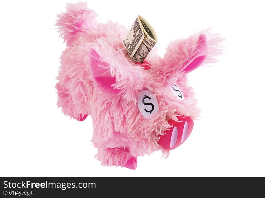 Pink furry piggy bank isolated on white background