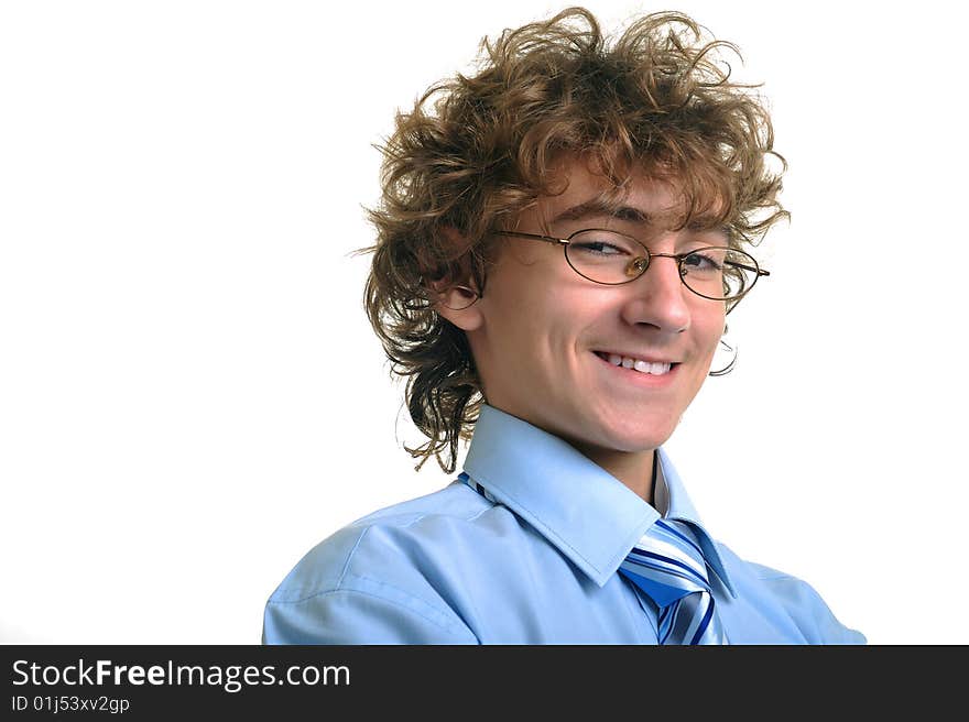 Portrait of young businessman smiling, white background. Portrait of young businessman smiling, white background