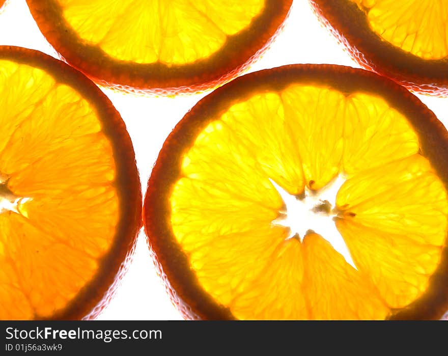 Background of orange fruits slices, close up