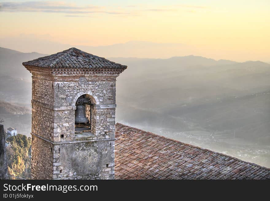 A bell tower in Cervara, a small characteristic village not far from Rome