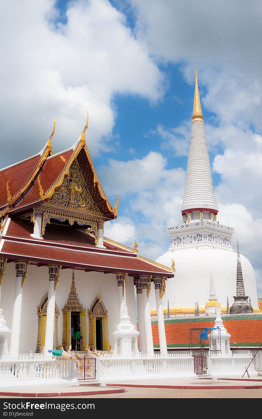 Huge famous pagoda with real gold on the top, south of Thailand. Huge famous pagoda with real gold on the top, south of Thailand.