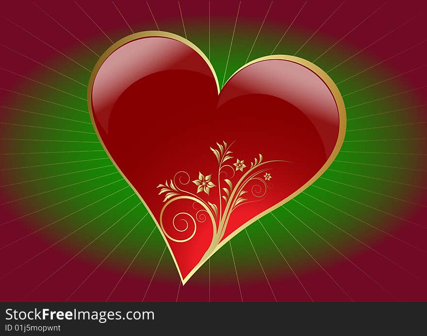 valentine golden heart with  red and green color background vector