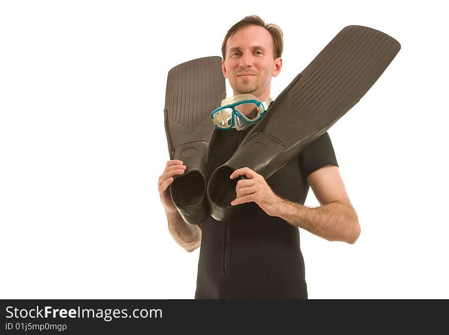 Man with flippers, snorkel and glasses. Man with flippers, snorkel and glasses