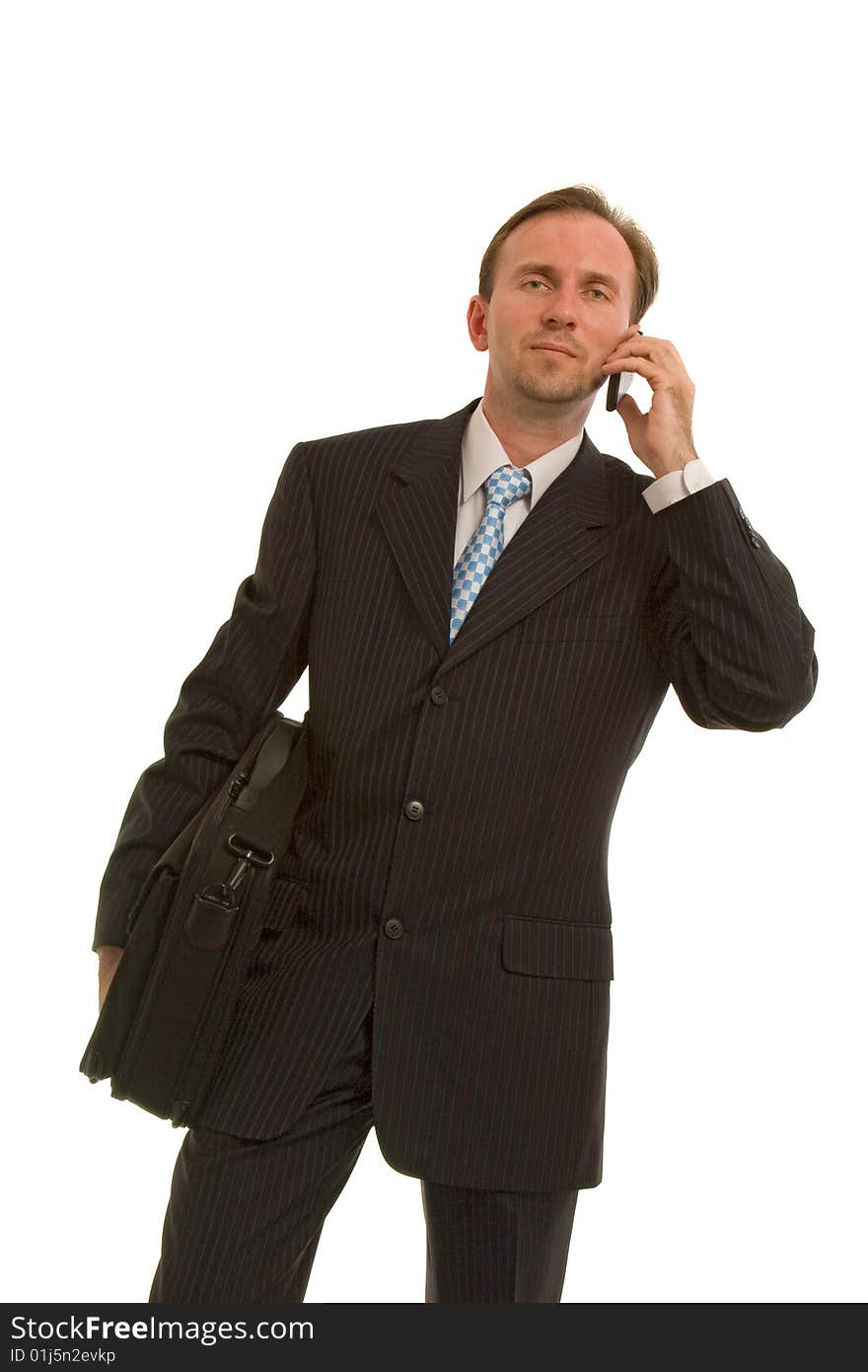 Businessmen with bag talk by phone