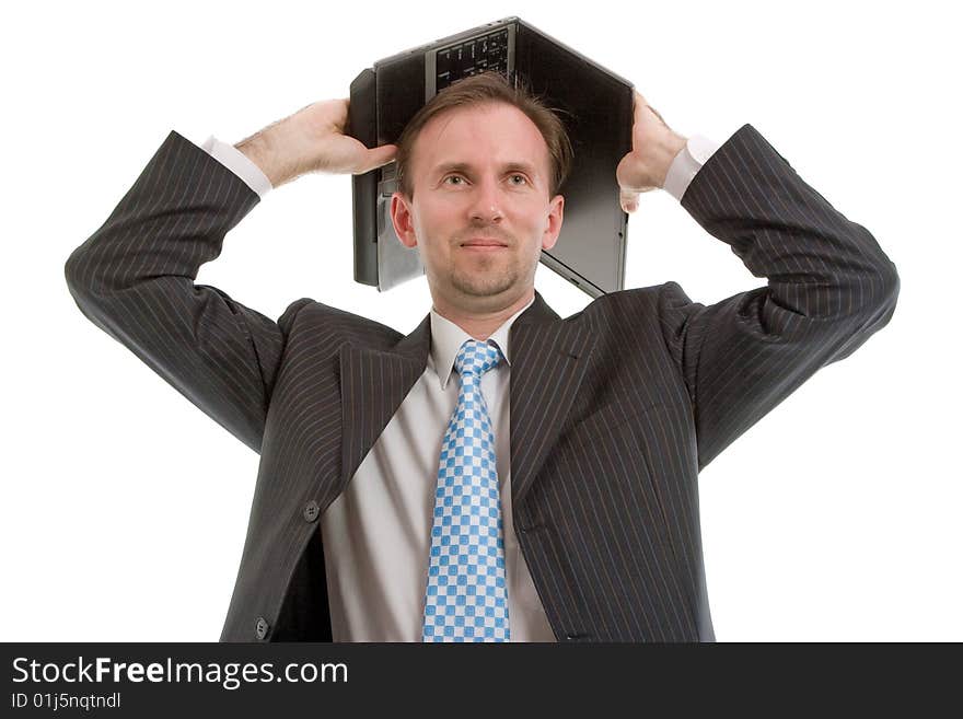 Businessman with laptop look up