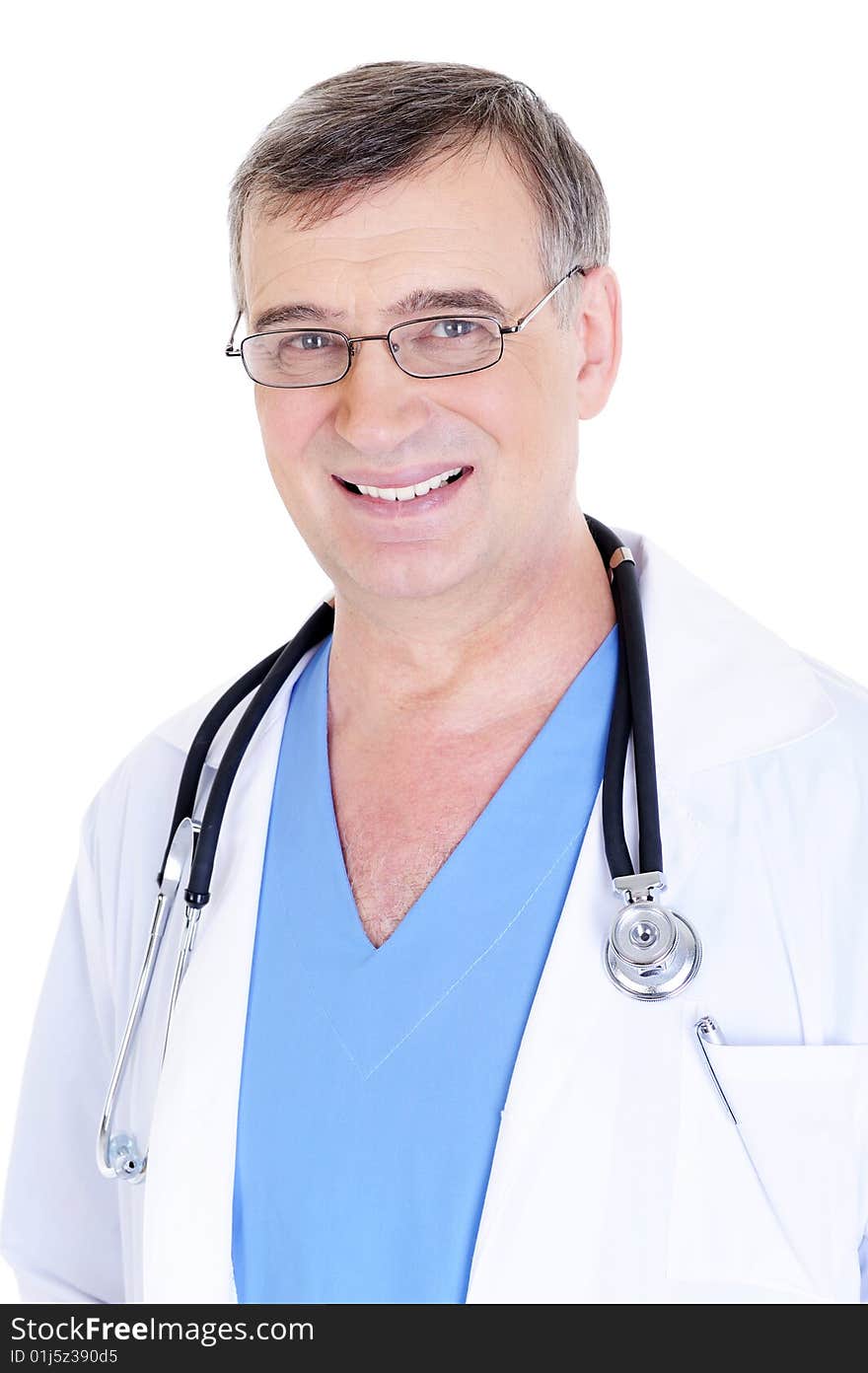 Portrait of happy laughing mature male doctor with stethoscope