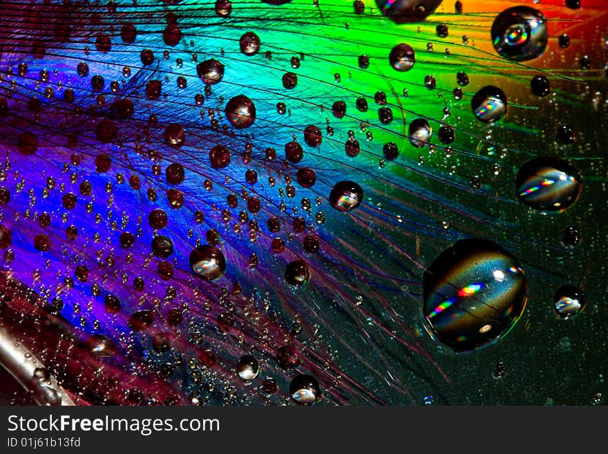 Multi-coloured drops on an iridescent surface. Multi-coloured drops on an iridescent surface