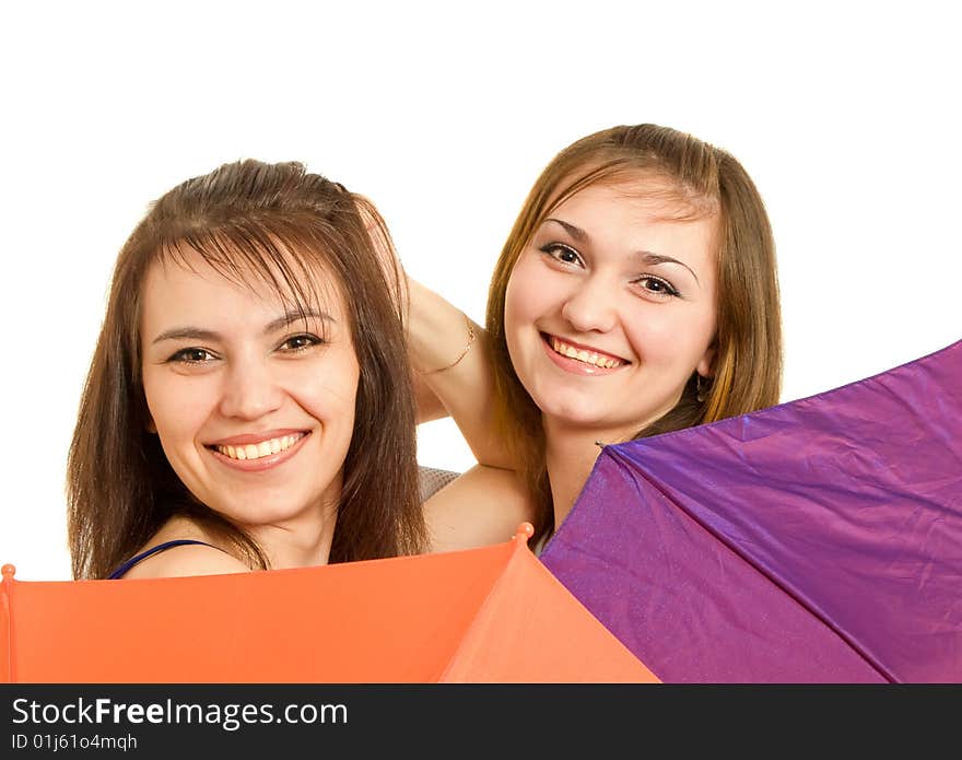 Two girl with umbrella laugh