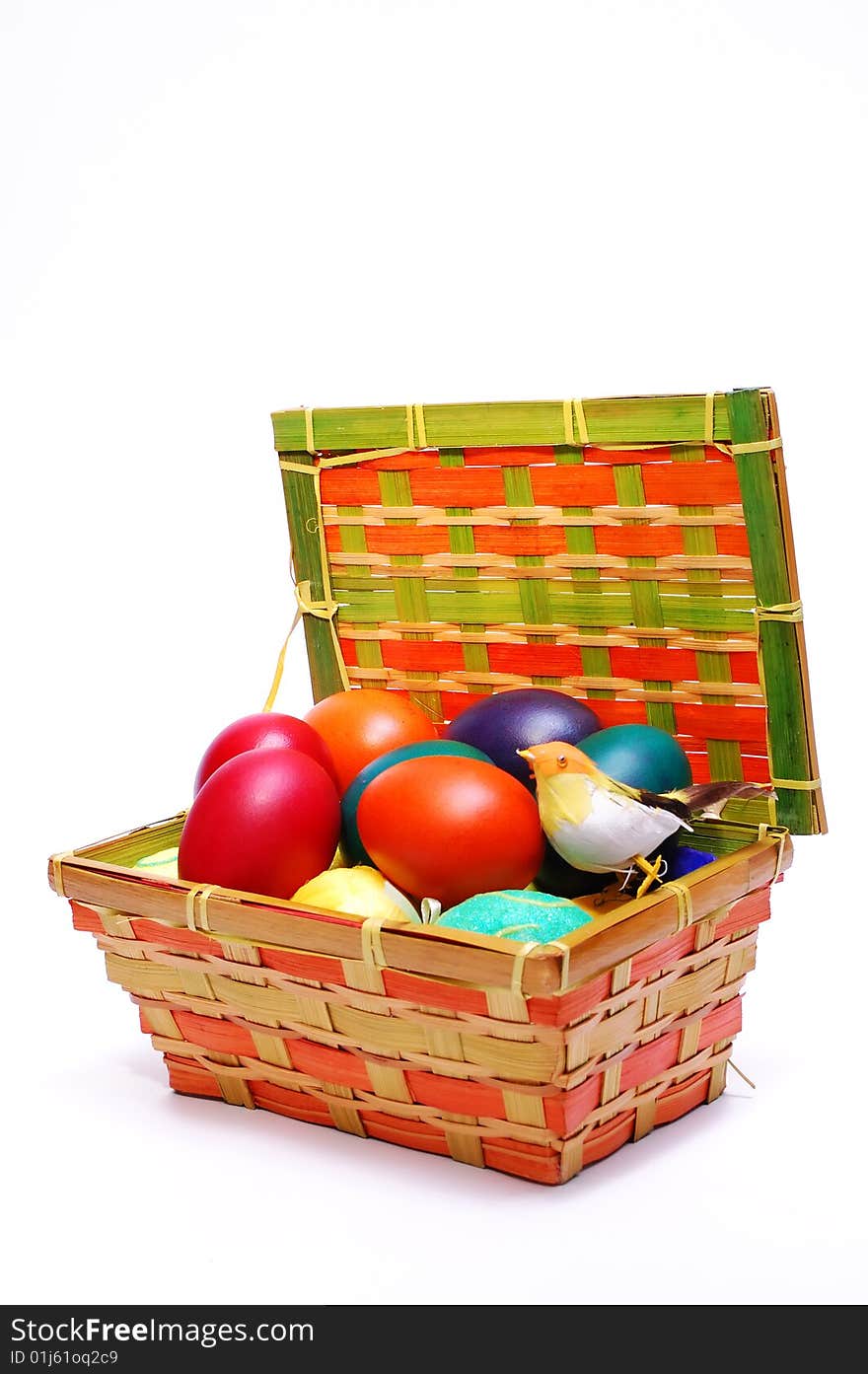 Colorful easter eggs in box isolated on white background