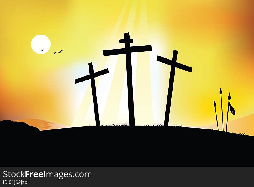 Sunset scene with three crosses. Vector illustration. Sunset scene with three crosses. Vector illustration