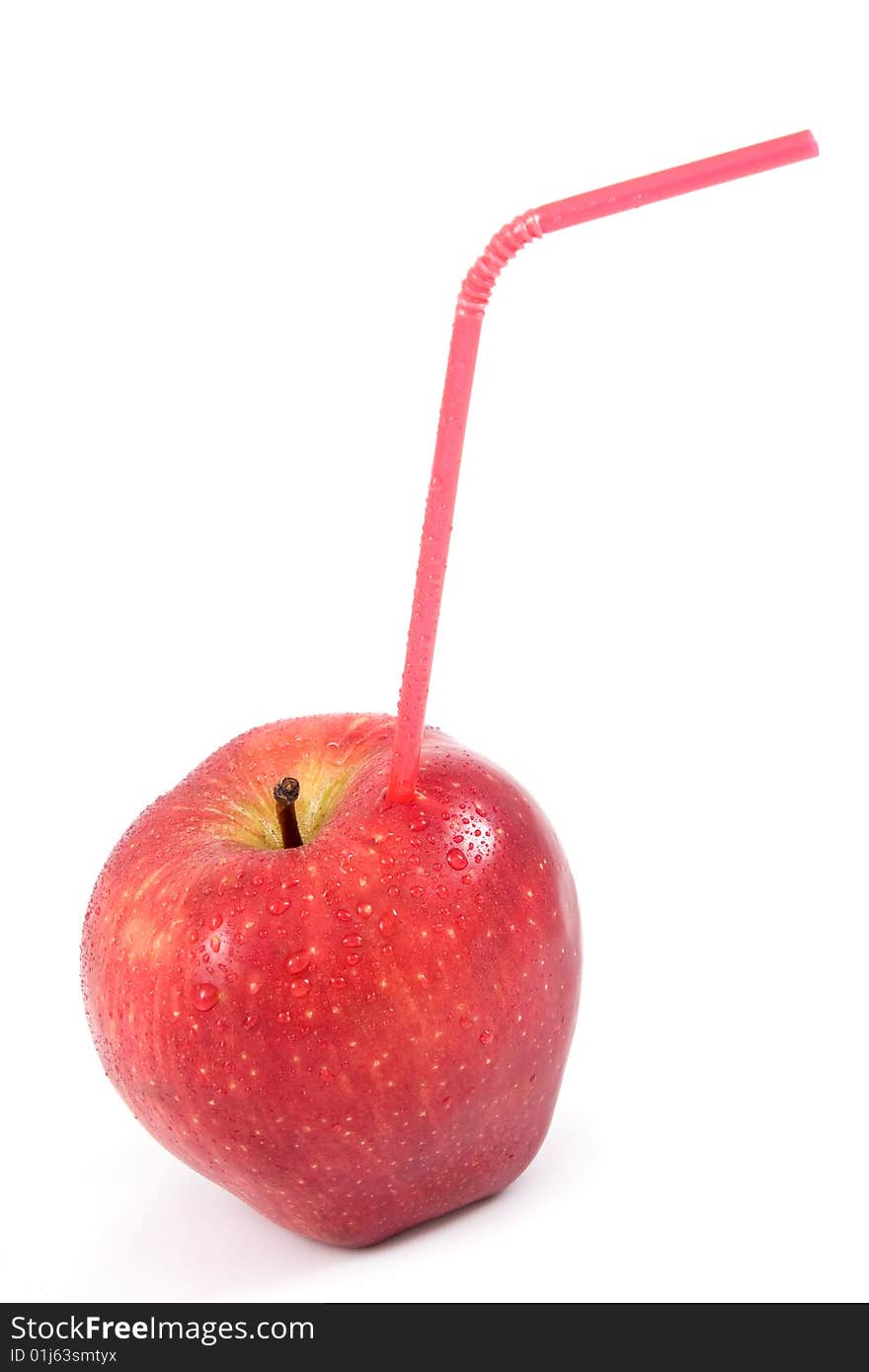 Red apple with straw on isolated