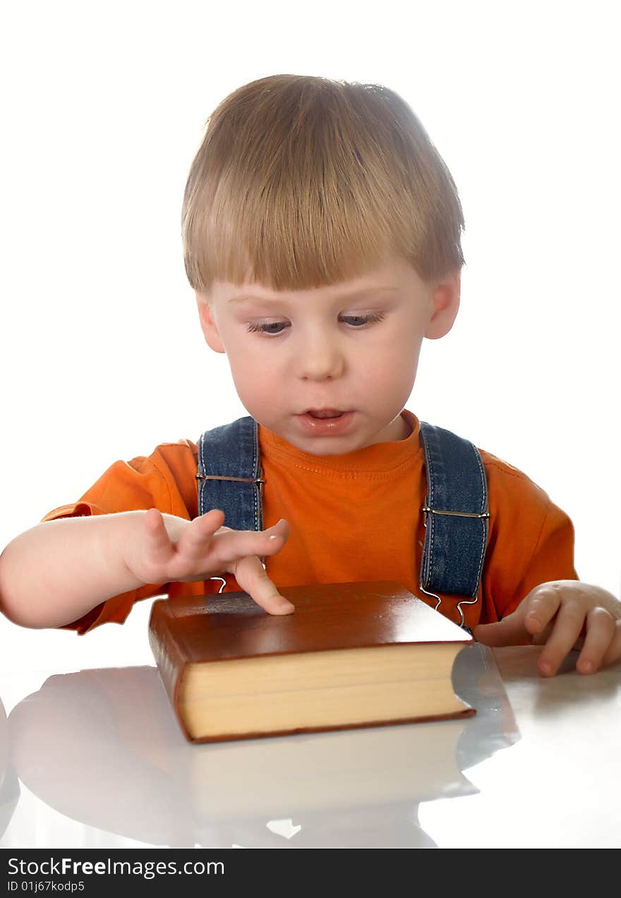 The boy with books on the white background