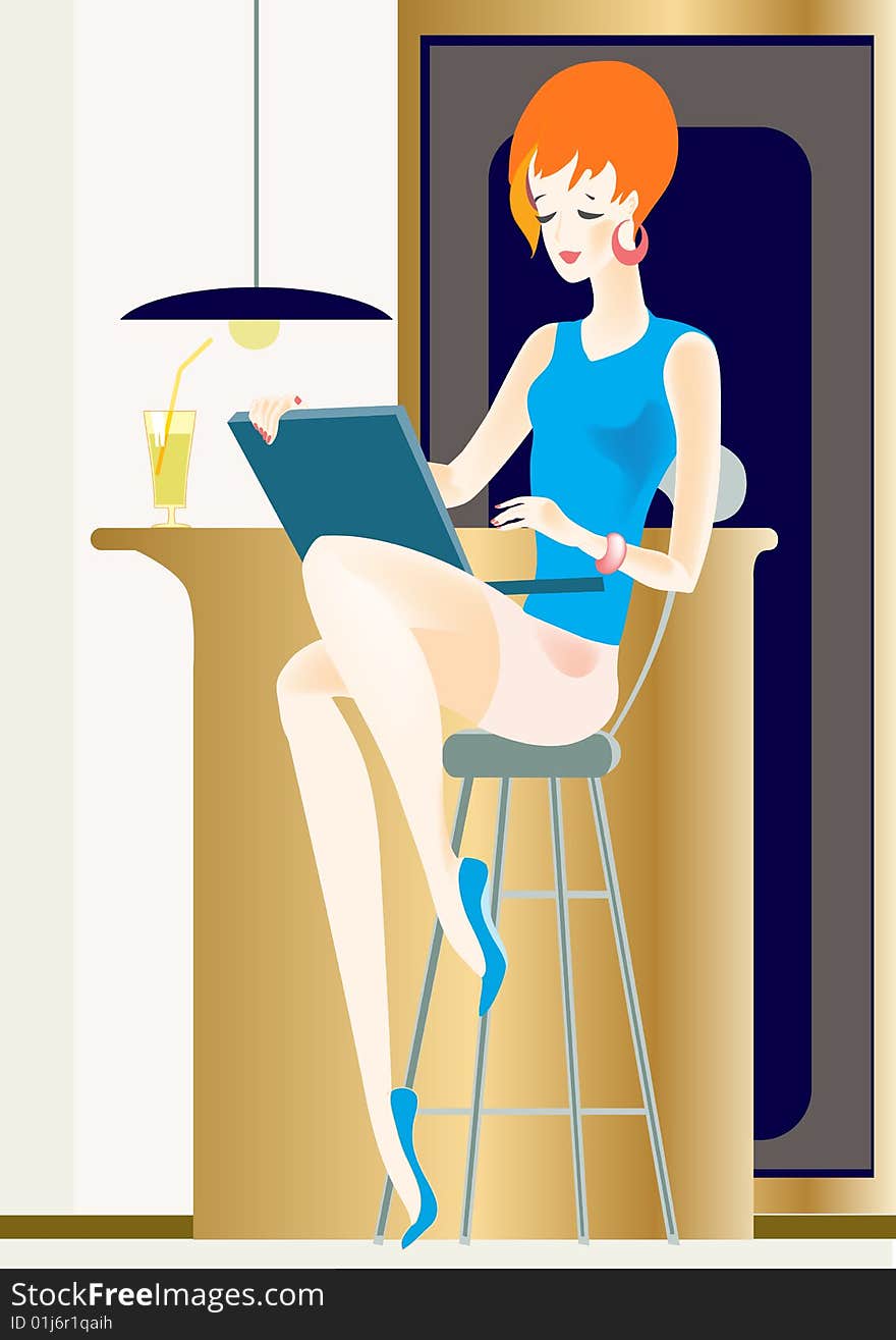 The young girl sits on a high chair at a bar rack and looks at the screen of a 
computer. The young girl sits on a high chair at a bar rack and looks at the screen of a 
computer