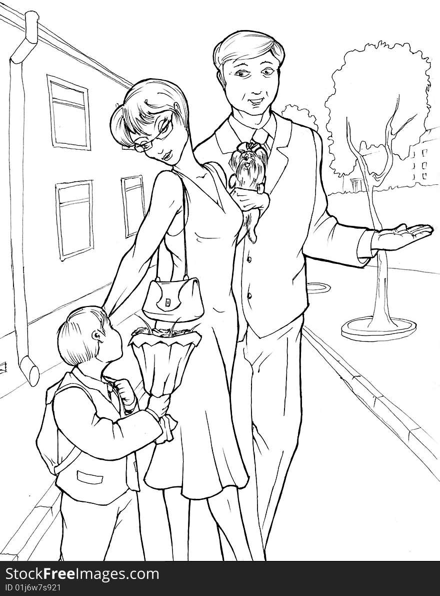 Mother and father are leading a little boy at school. It’s a first day at school. The boy is holding a bunch of flowers for his first teacher. Contour illustration. Mother and father are leading a little boy at school. It’s a first day at school. The boy is holding a bunch of flowers for his first teacher. Contour illustration.