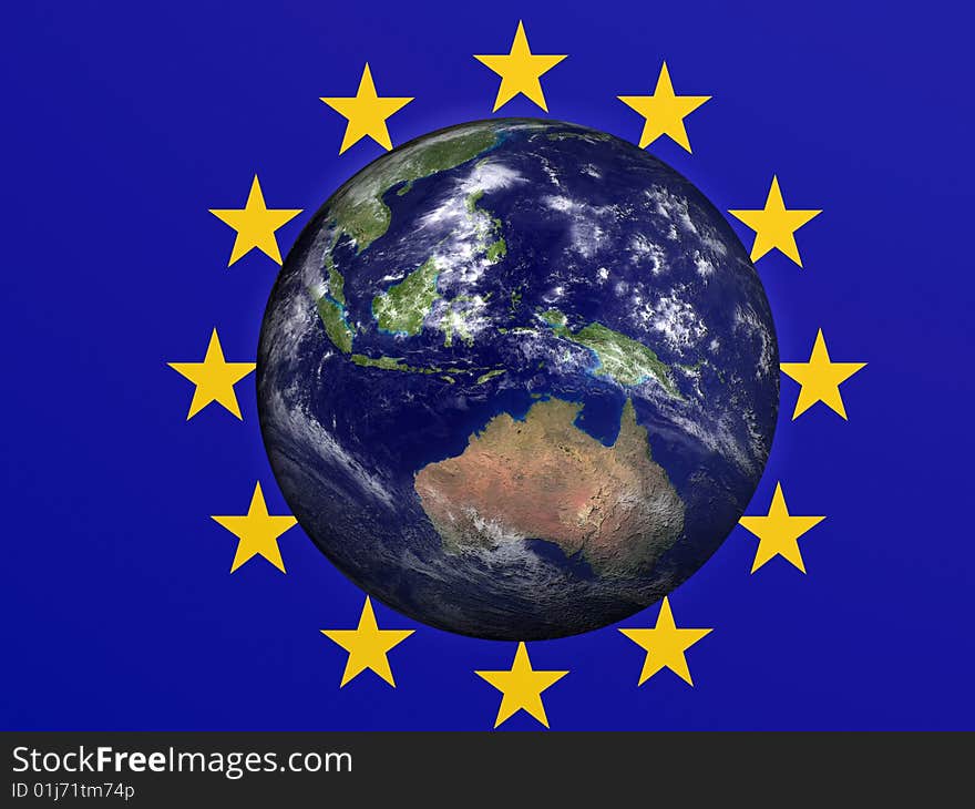 3D Photorealistic Earth with European flag on the background. Computer generated. 3D Photorealistic Earth with European flag on the background. Computer generated.