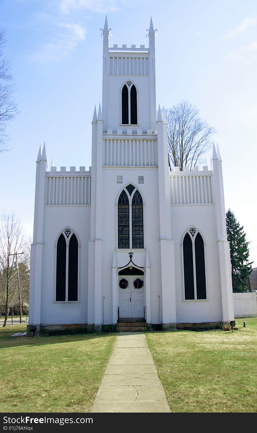 Little old white church in rural town