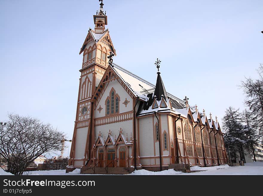 Beautiful wooden church in the town Kajaani, Finland