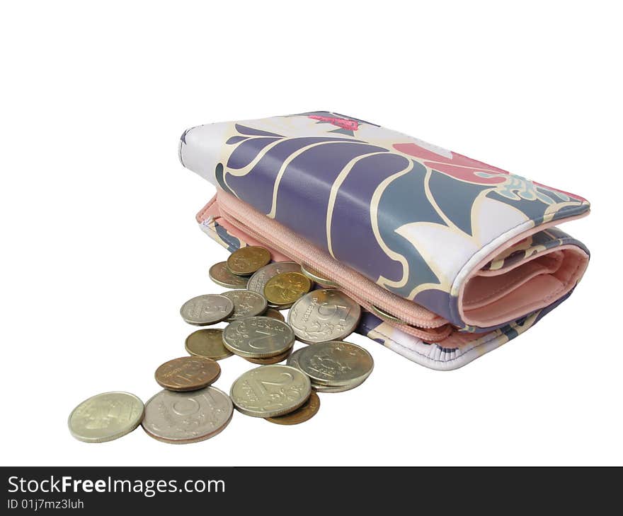 Women's purse with coins on a white background