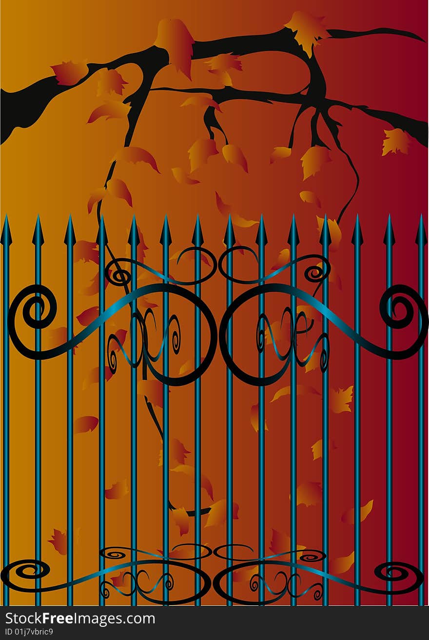 Gate and black silhouette branch