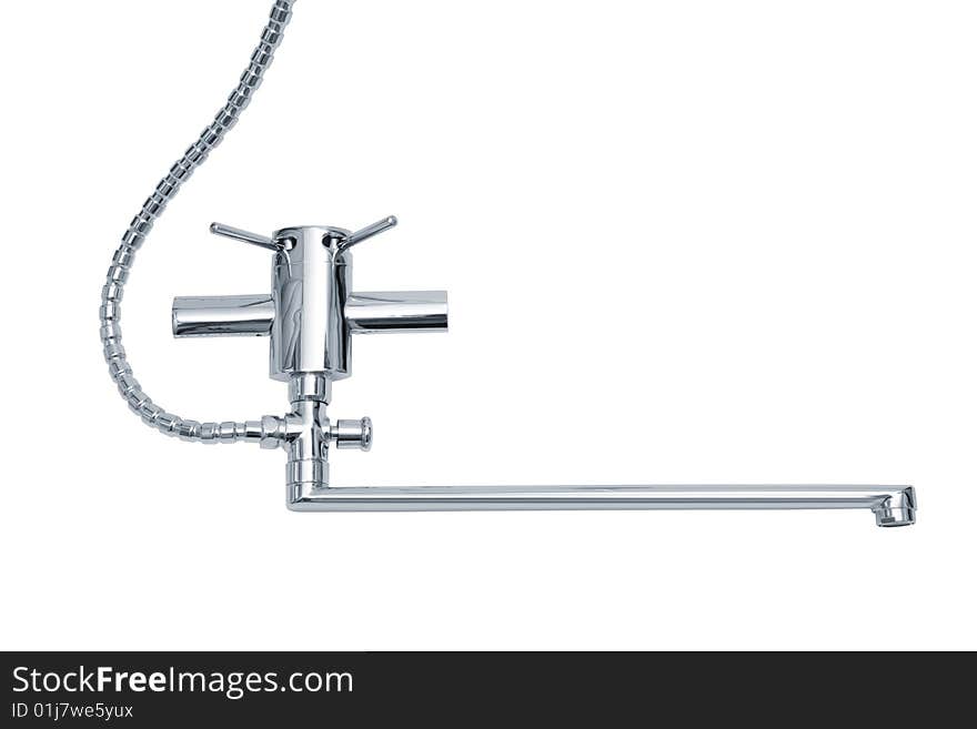 Modern metal faucet on a white background